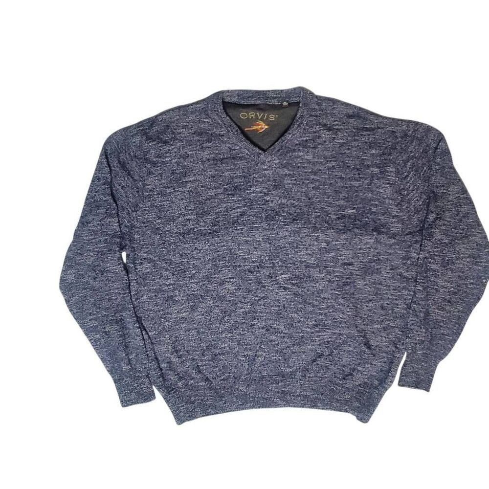 Orvis Mens 100% Merino Wool Blue V Neck Pullover Sweater Size XXL